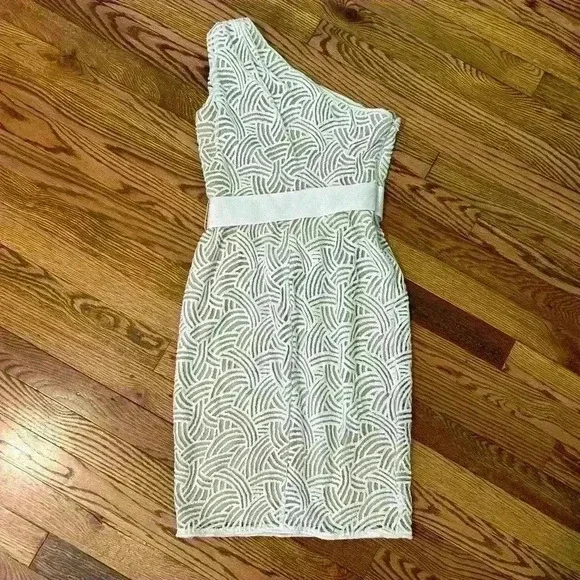 Tadashi Shoji Size 2 Petite White Embroidered One Shoulder Belted Dress Cocktail - Picture 5 of 9